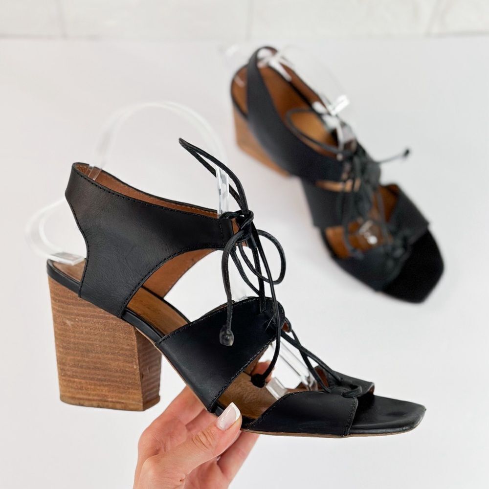Madewell Black Leather Lace-Up Block Heel Sandals with Wood Heel